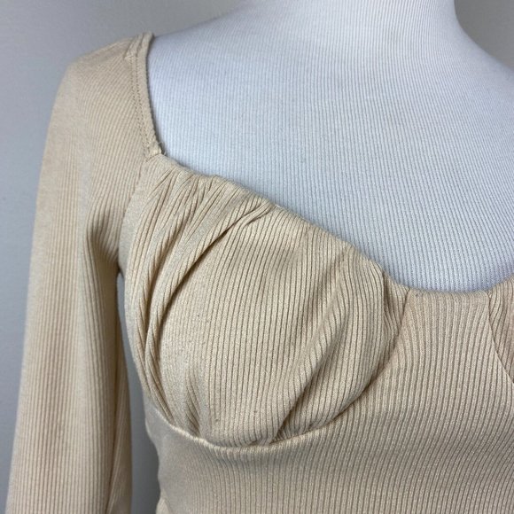 Princess Polly Crop Top 6 Beige Ribbed Knit Sweetheart Ruched Long Sleeve - Picture 2 of 10